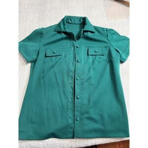 VINTAGE Emerald Green 60s 70s Homemade Button Up Top Mod MCM Leisure Polyester